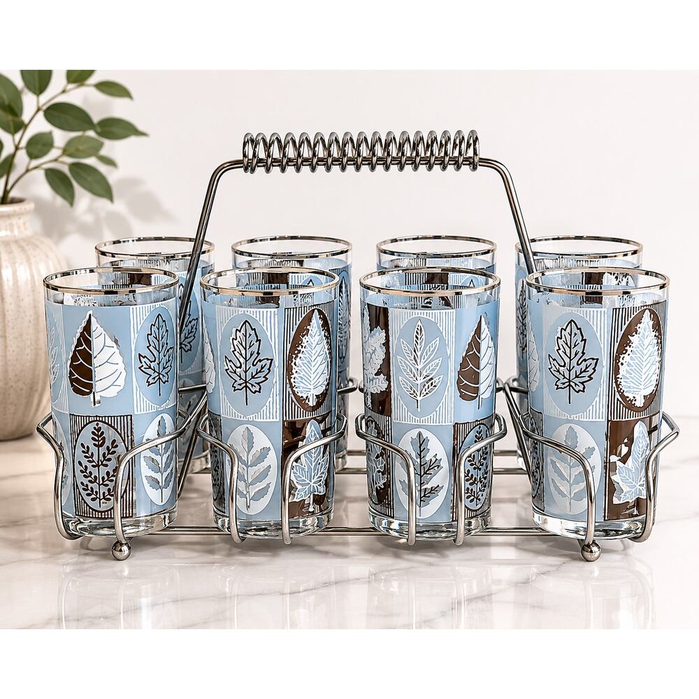Set of 8 Vintage Libbey Highball Tumbler w/ Metal Caddy Aqua Silver Leaf Barware